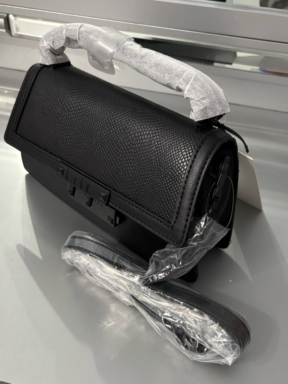 Nicole Miller Black Textured Leather Shoulder Bag